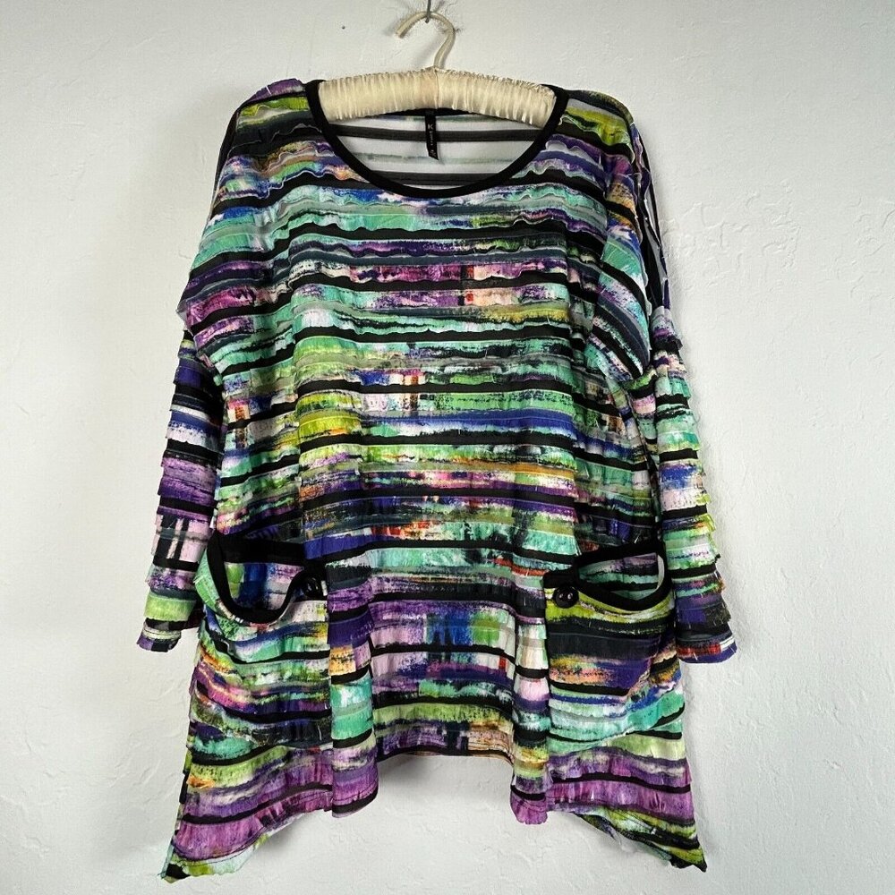 IC by Connie K Textured Tiered Ruffle Tunic Top Medium Pockets Colorful Artsy